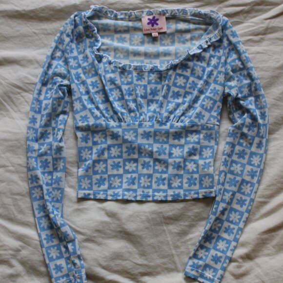 Lisa Says Gah Mesh Blue Floral Top - Picture 1 of 3